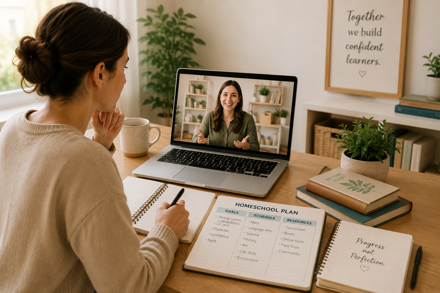 Parent connecting with homeschool community during a virtual group session